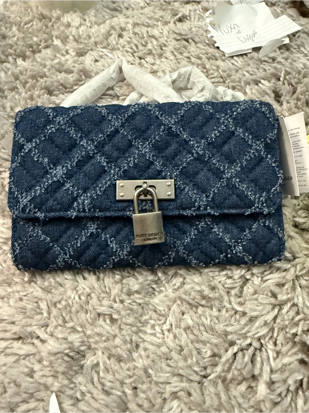 Kurt Geiger Quilted Denim Crossbody in Dark Blue with Silver Lock